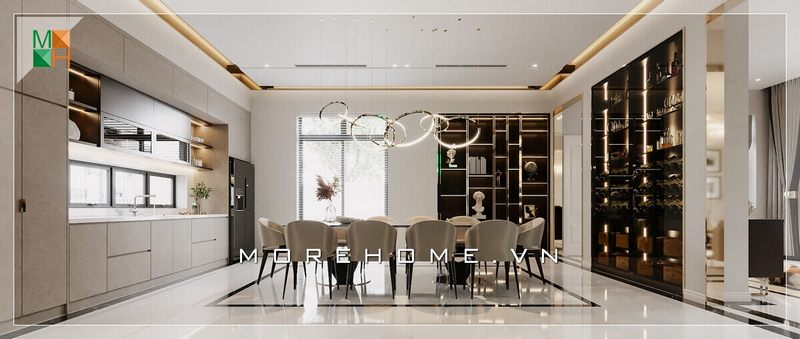 Một sự trang trí nội thất để tạo nên một cảm giác ấn tượng, bao gồm một bộ bàn ăn 10 ghế hiện đại, tiện nghi và sang trọng.